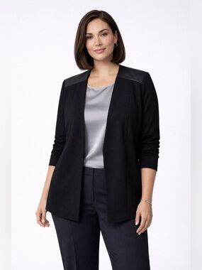 Eileen Fisher Jacket Womens  Ponte Leather Black Open Blazer , sz : large